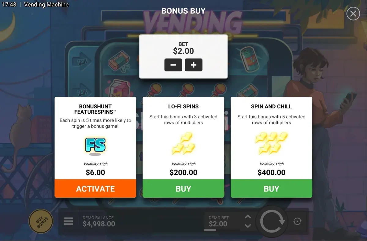 Menú de compra de bono de Vending Machine con las opciones disponibles