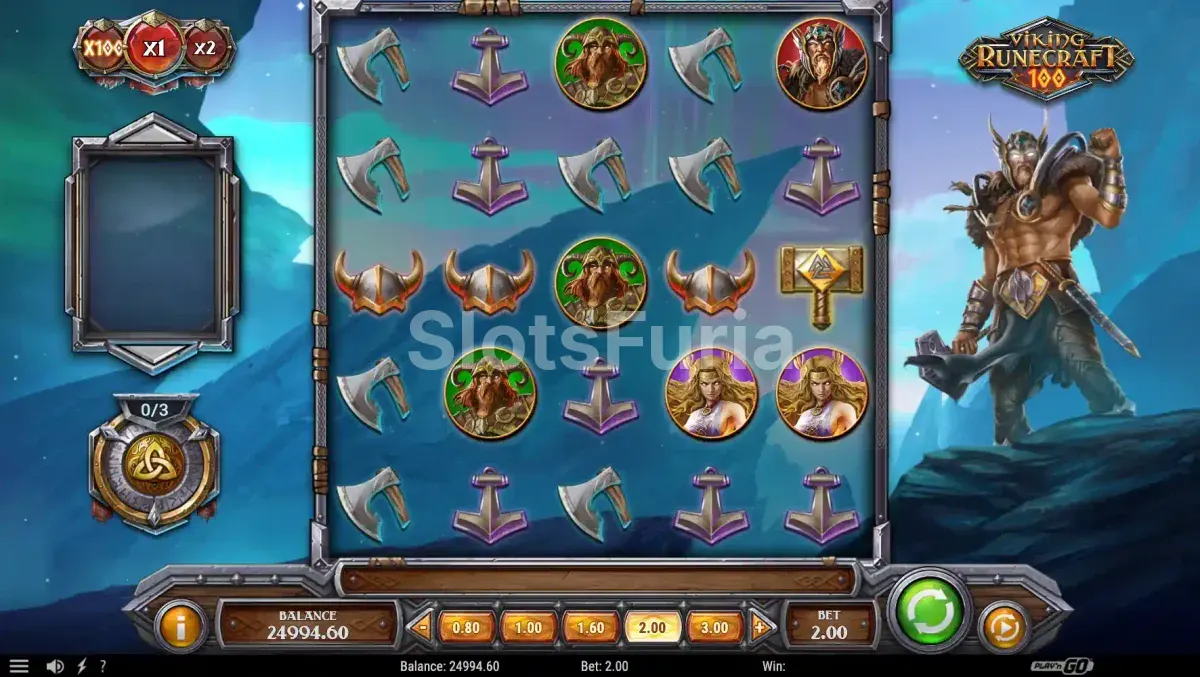 Segunda pantalla de juego base de Viking Runecraft 100 mostrando cascadas