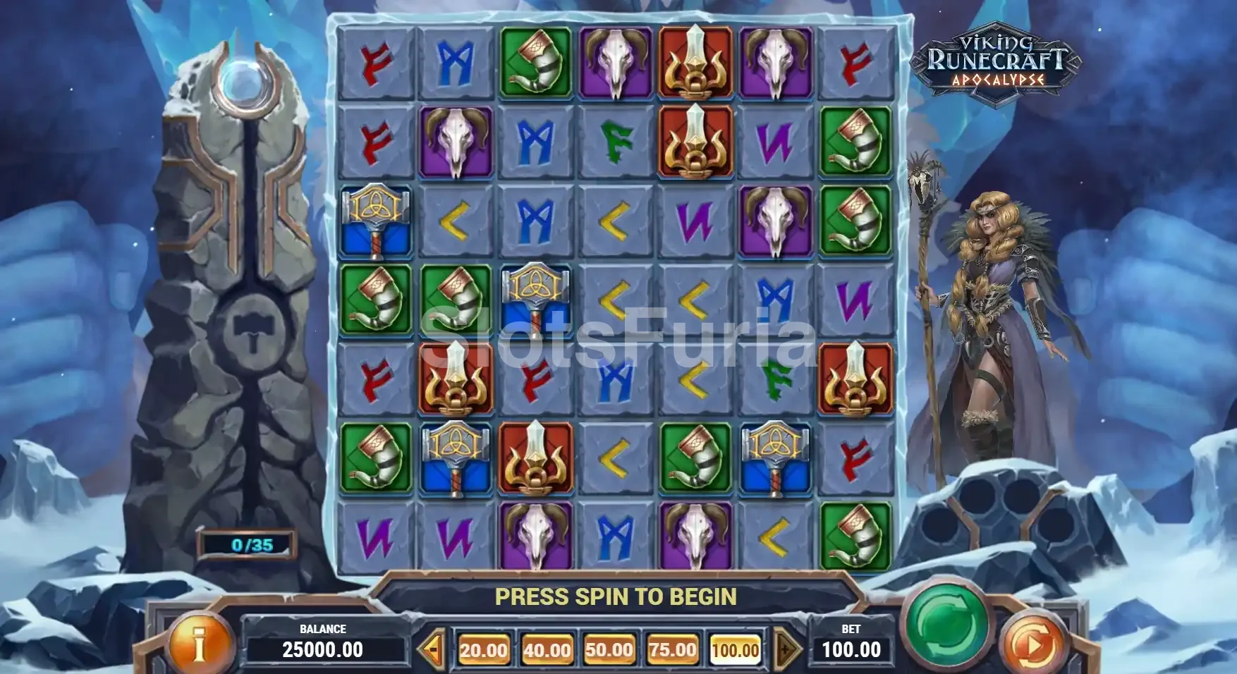 Pantalla principal de Viking Runecraft Apocalypse con la cuadrícula 7x7