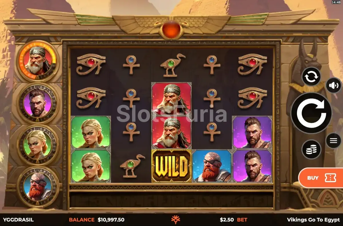 Pantalla principal de Vikings Go To Egypt Wild Fight con los rodillos en acción