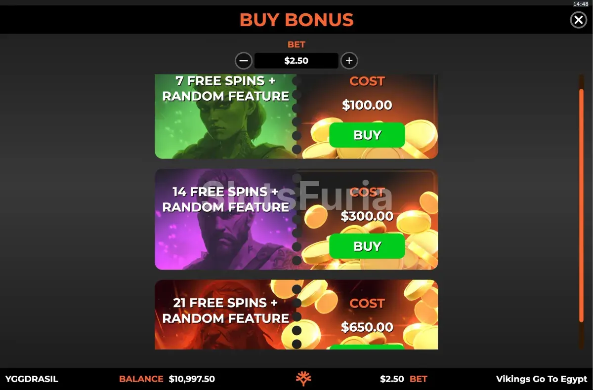 Pantalla de compra de bonos de Vikings Go To Egypt Wild Fight con las opciones disponibles