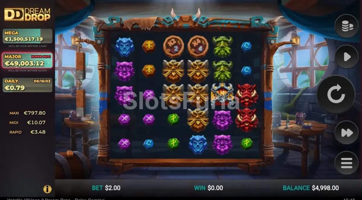 Pantalla principal de Volatile Vikings 2 Dream Drop con la cuadrícula de 6x5