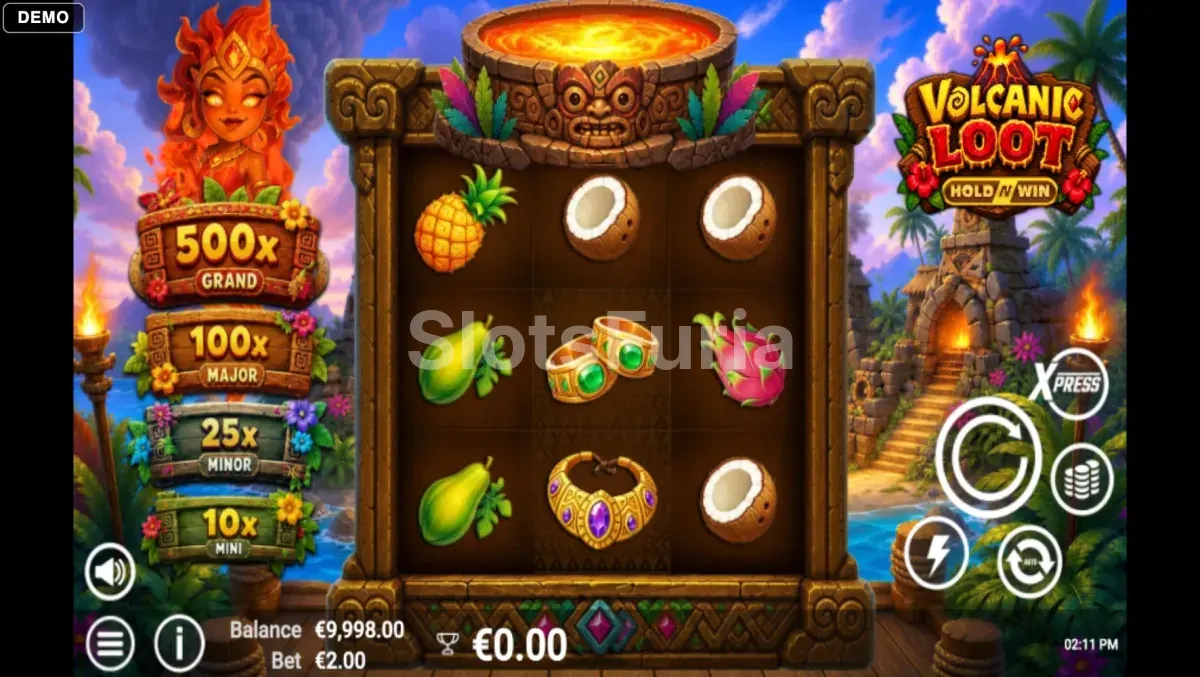 Juego base de Volcanic Loot con la retícula de 3x3 sobre el cráter