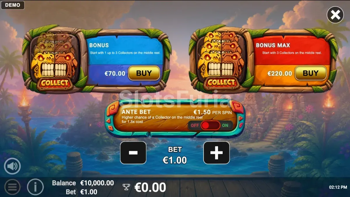 Panel de compra de bono de Volcanic Loot con el costo en múltiplos de la apuesta