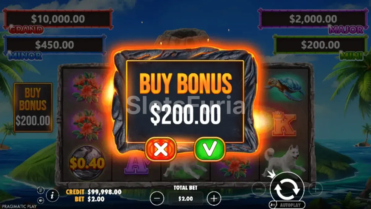 Pantalla de compra de bonos de Volcano Goddess con sus opciones disponibles