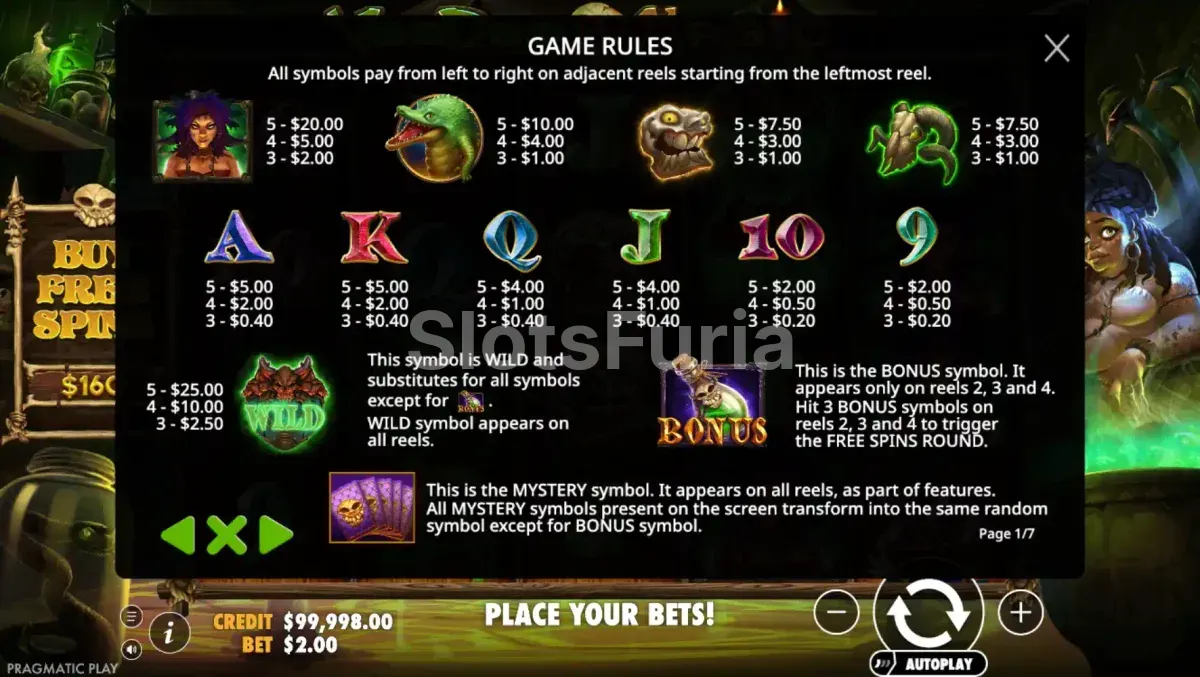 Tabla de pagos de Voodoo Magic con todos los símbolos