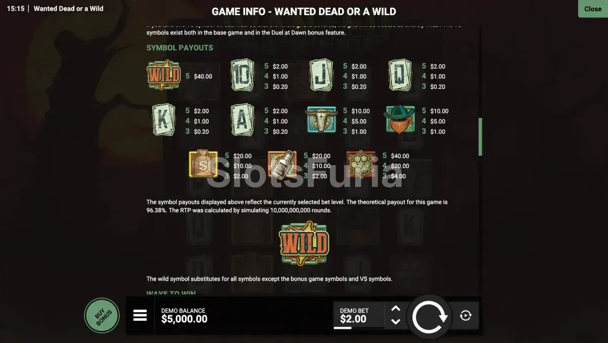 Tabla de pagos de Wanted Dead or a Wild mostrando los símbolos y sus valores