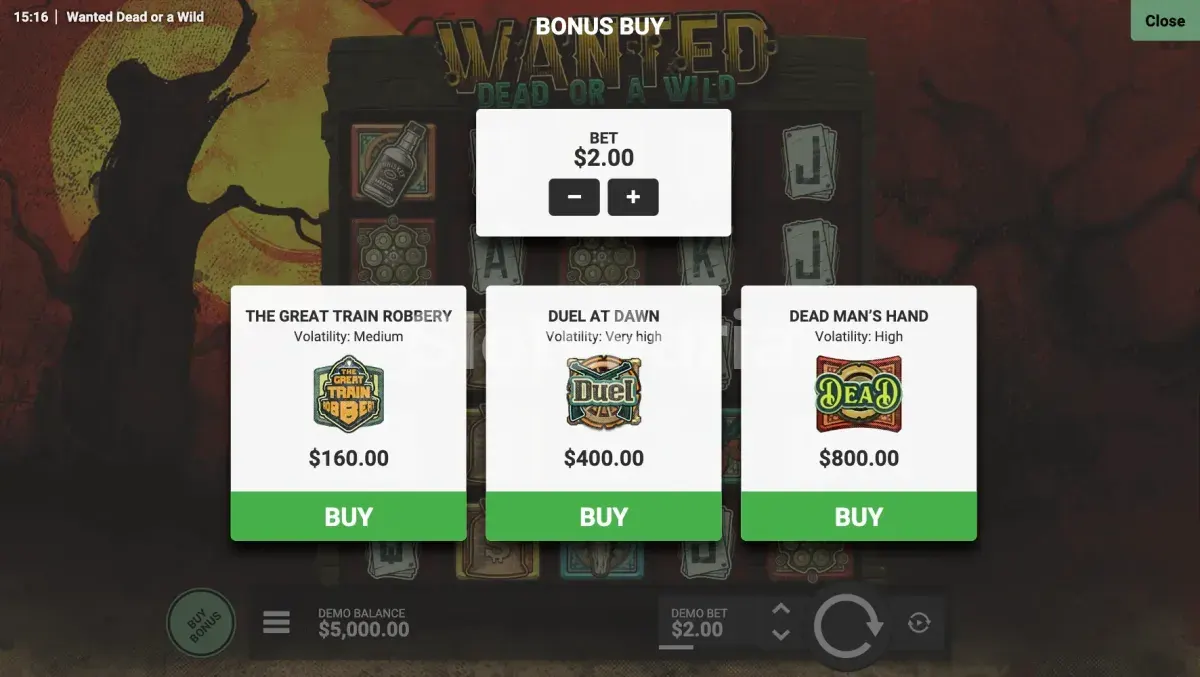 Menú de compra de bonus en Wanted Dead or a Wild de Hacksaw Gaming
