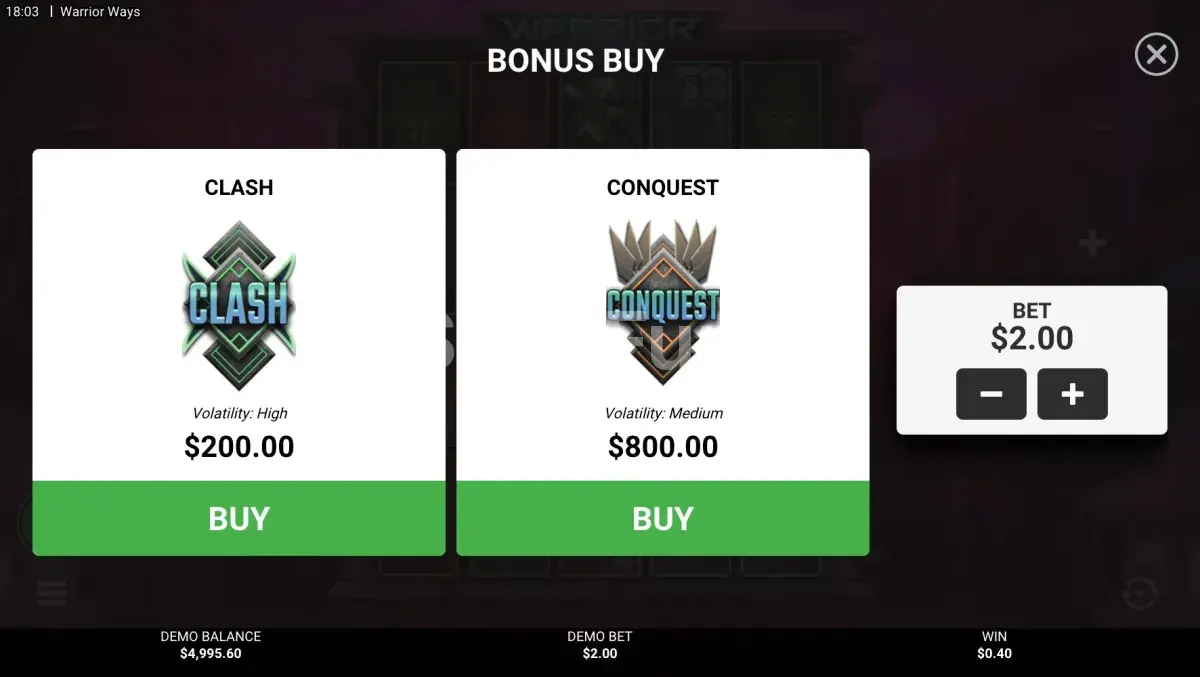 Pantalla de compra de bonos en Warrior Ways de Hacksaw Gaming