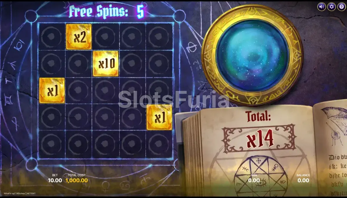 Ronda de giros gratuitos de What's Up Witches con el orbe mágico activo