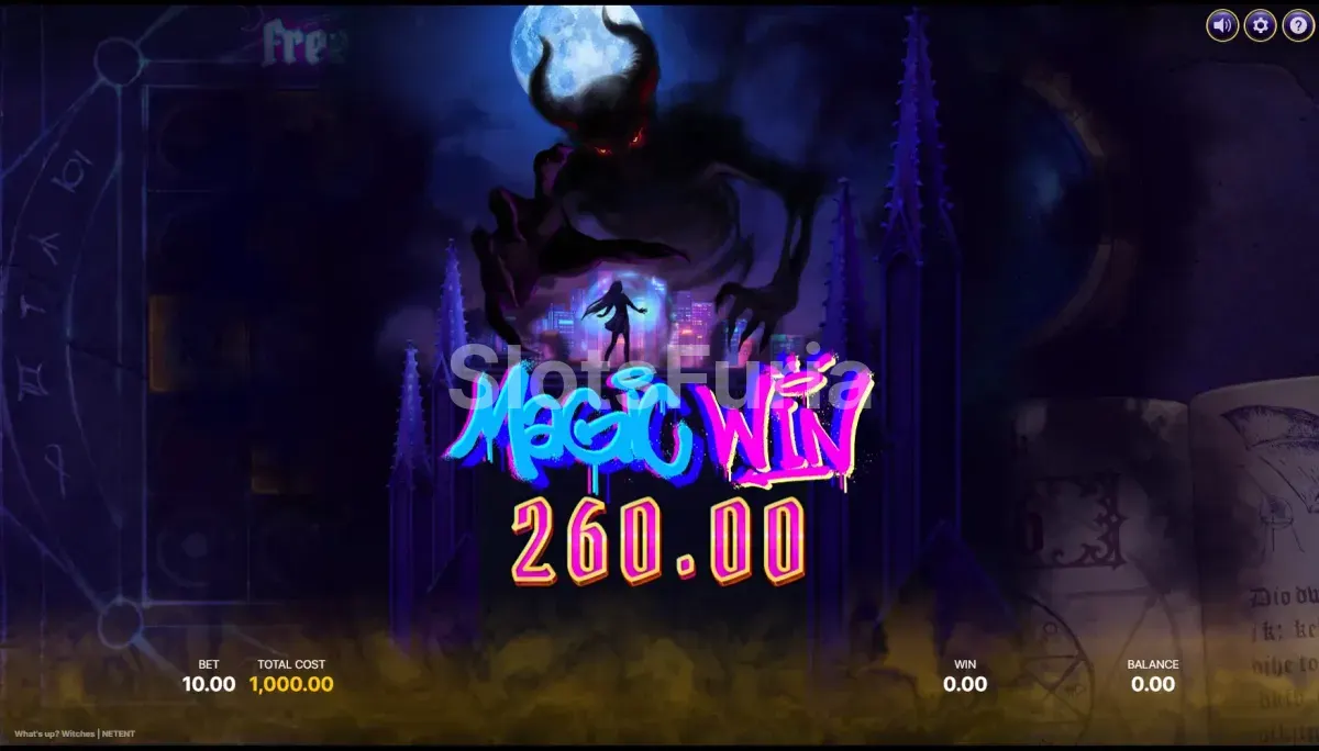 Gran victoria en What's Up Witches con multiplicadores encadenados activos