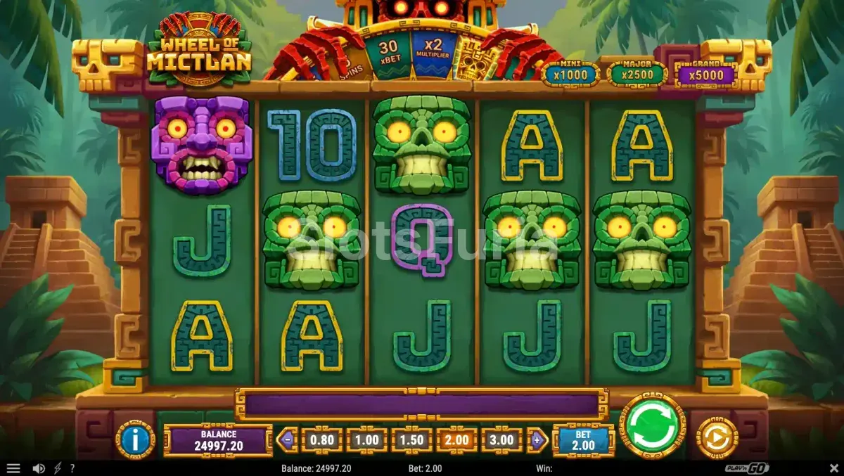 Pantalla principal del juego Wheel of Mictlan con pirámides aztecas