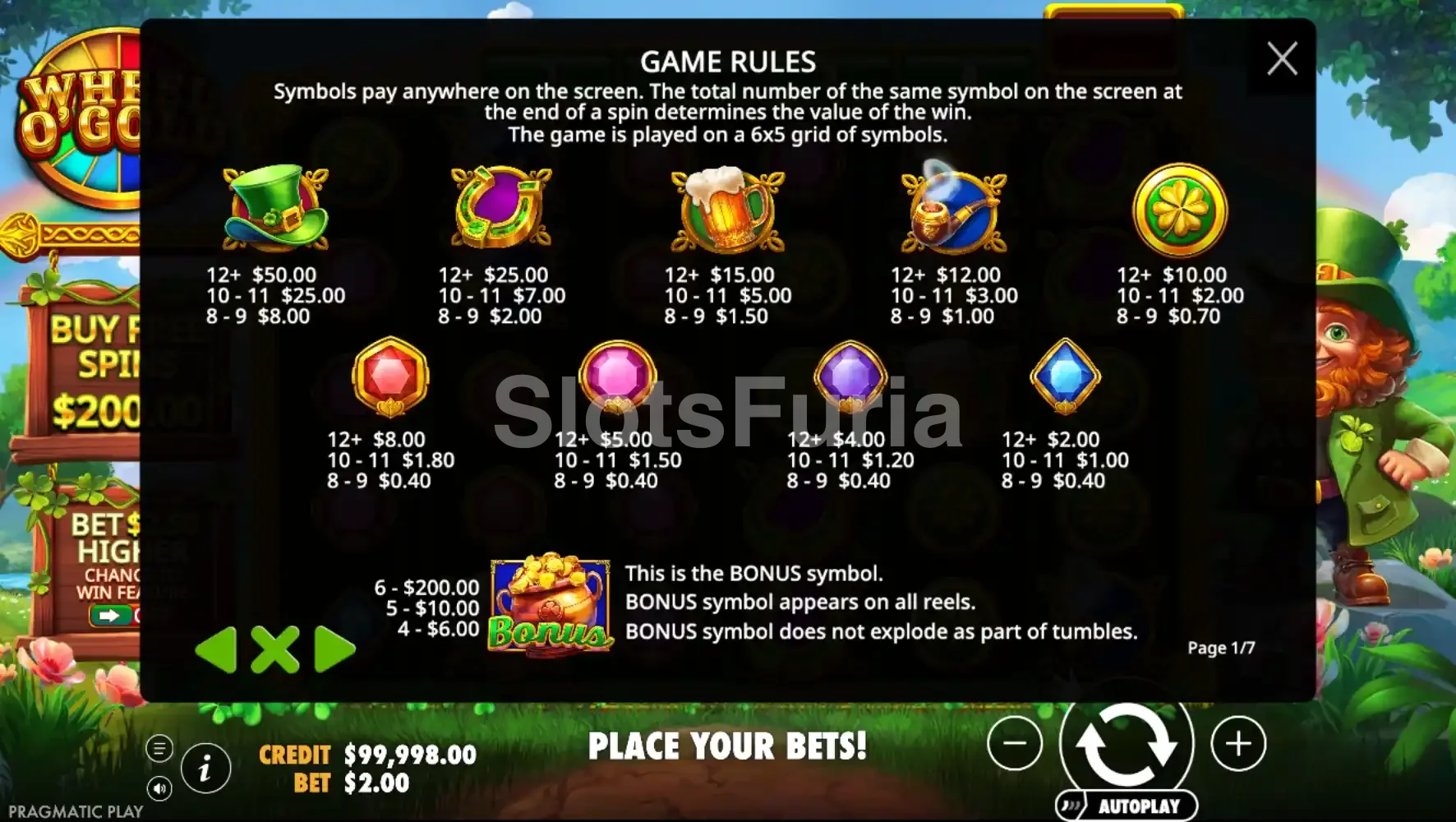 Tabla de pagos completa del juego Wheel O'Gold