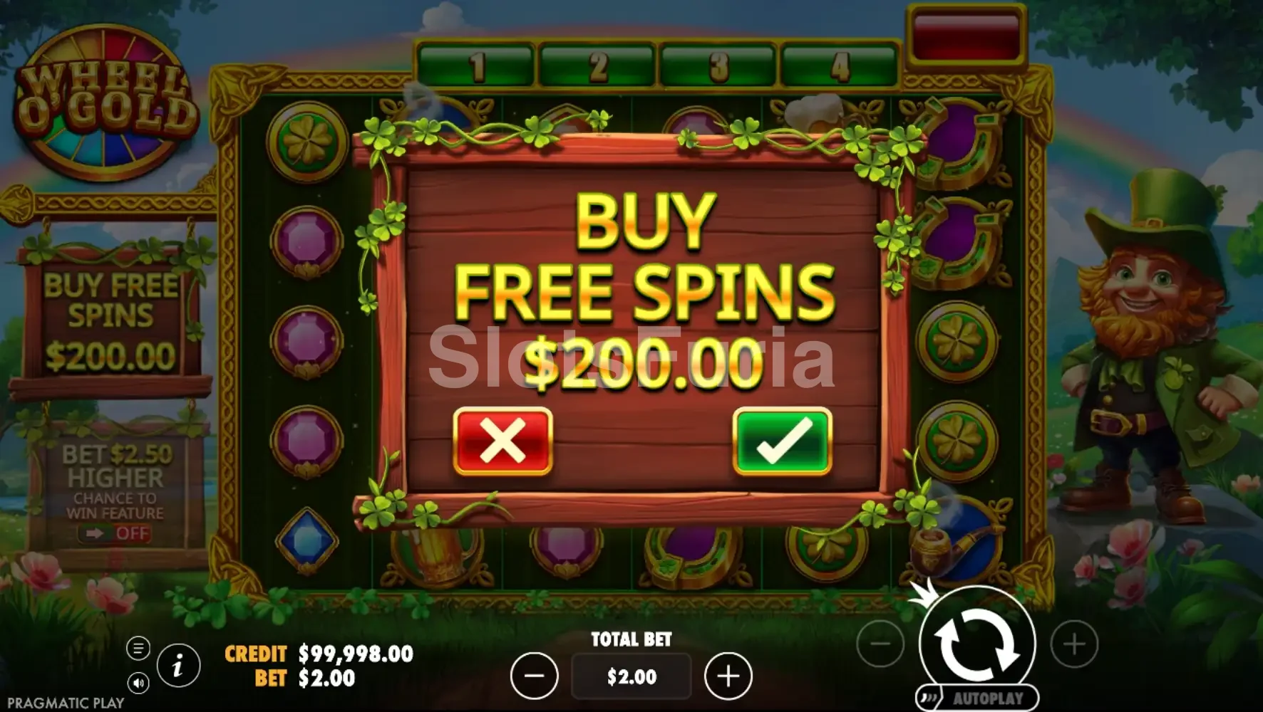 Interfaz de compra de bonus en Wheel O'Gold de Pragmatic Play