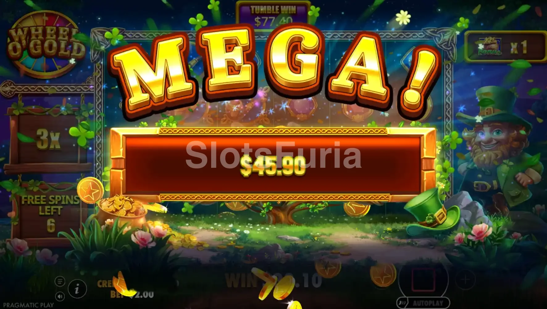 Pantalla de gran victoria en Wheel O'Gold con multiplicador máximo