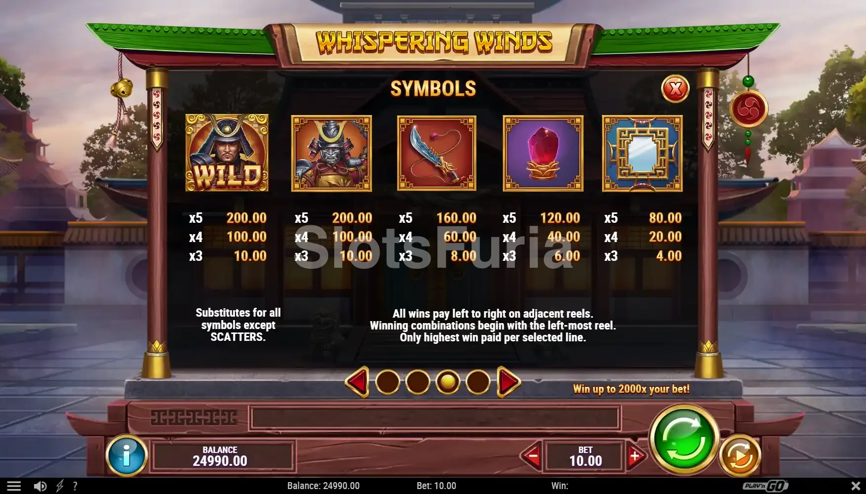 Tabla de pagos de Whispering Winds con sus símbolos y valores