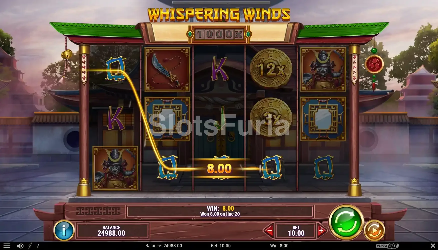 Resultado de giro especial en Whispering Winds con monedas doradas