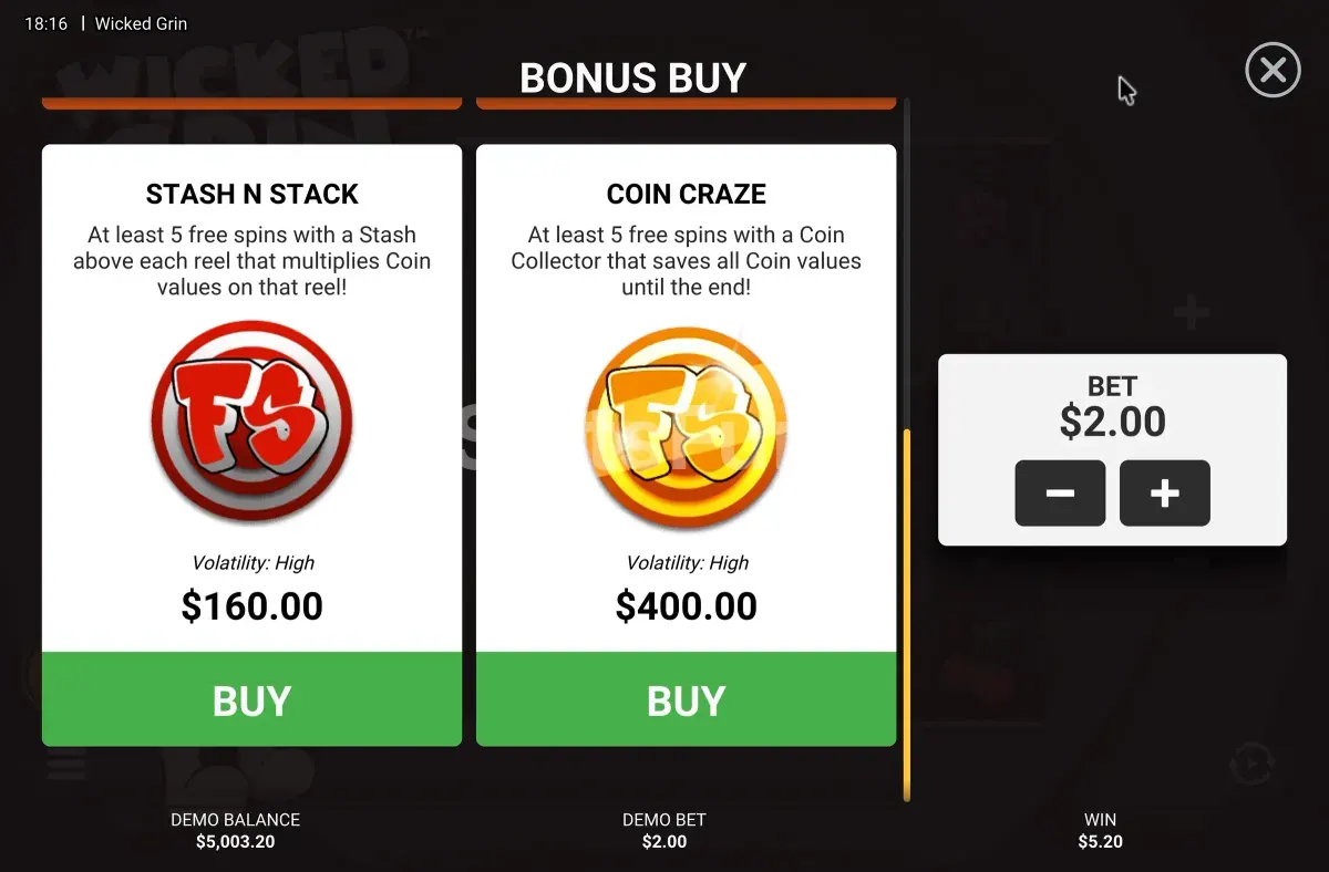 Menú de compra de Wicked Grin, tragamonedas de Hacksaw Gaming