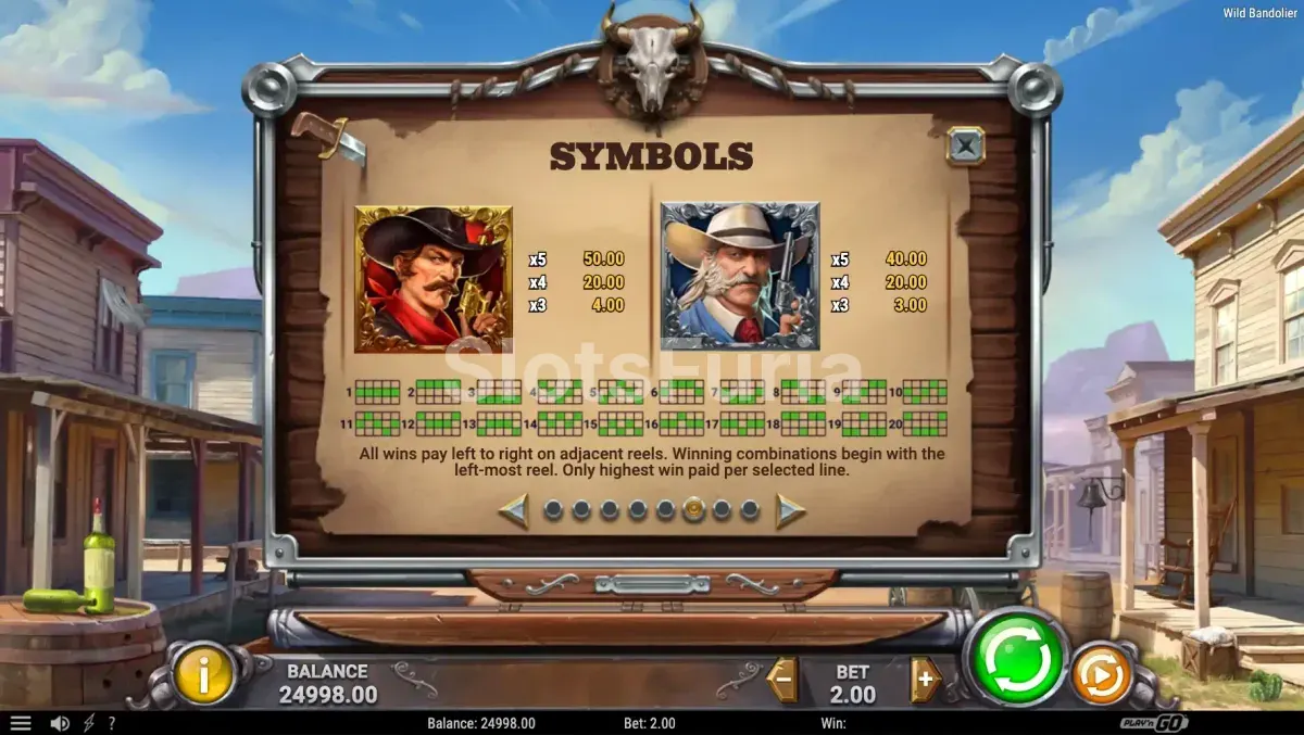 Tabla de pagos de Wild Bandolier con todos los símbolos y valores