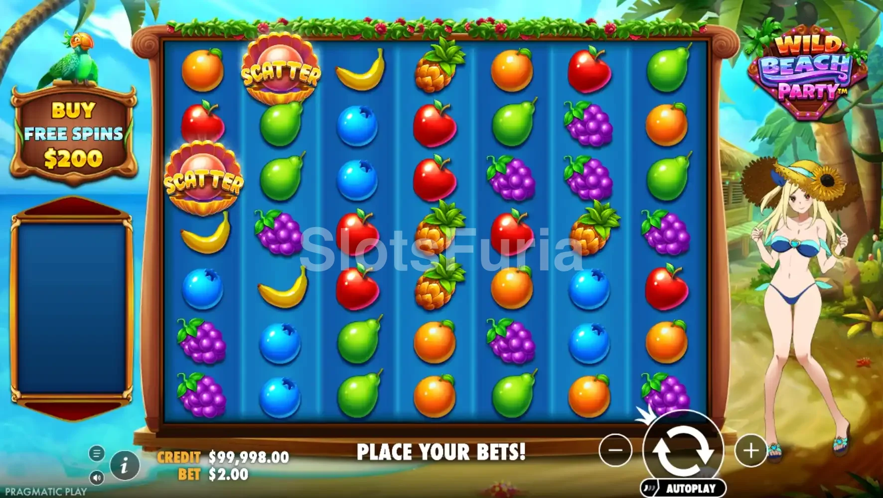 Pantalla principal del juego Wild Beach Party con cuadrícula 7x7