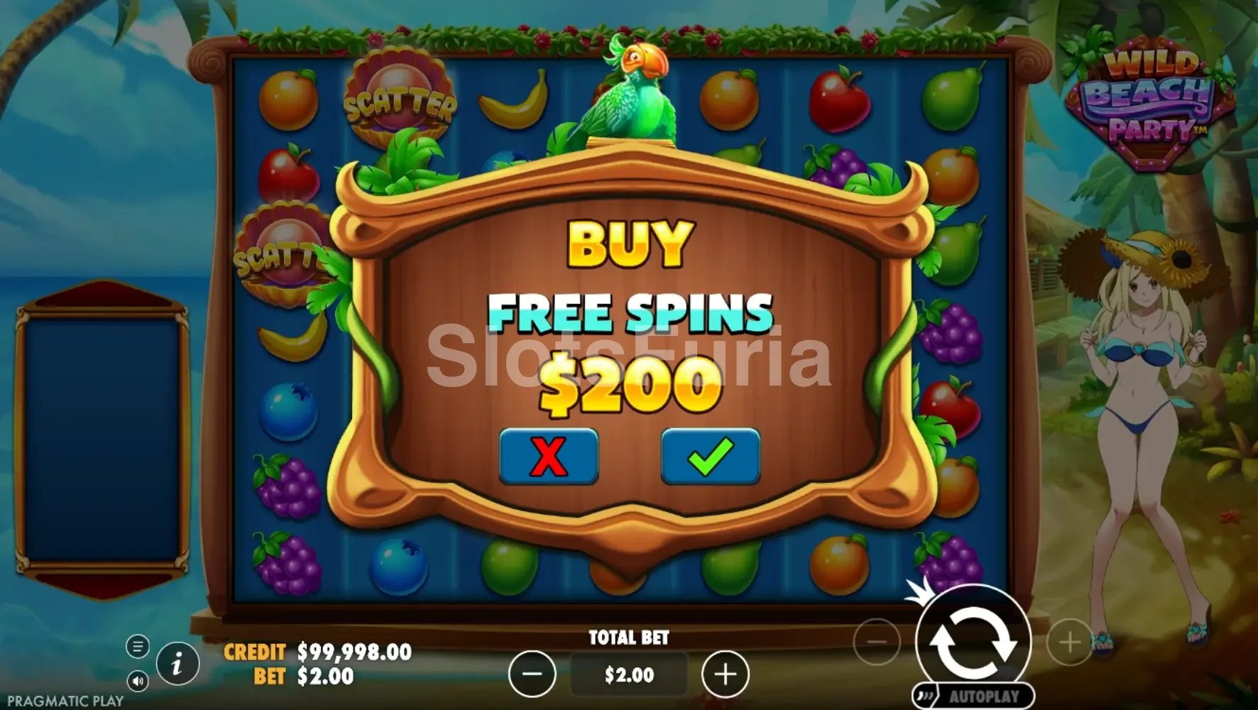 Pantalla de compra de bonus en Wild Beach Party de Pragmatic Play