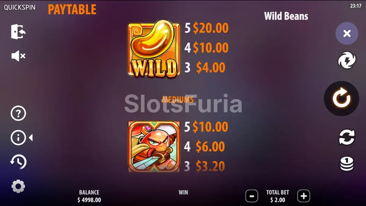 Tabla de pagos de Wild Beans con todos los símbolos