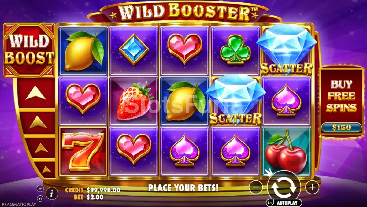 Pantalla principal de Wild Booster con sus cinco rodillos y fondo morado