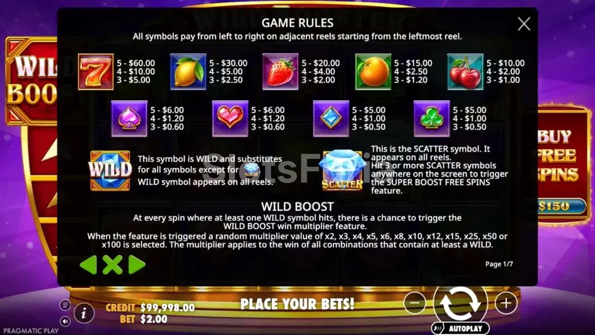 Tabla de pagos de Wild Booster con símbolos de frutas y multiplicadores