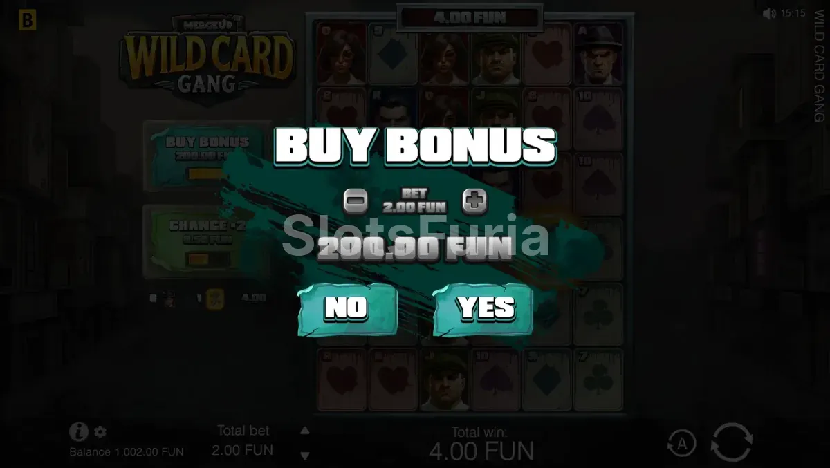 Pantalla de compra de bonus en Wild Card Gang con las opciones disponibles