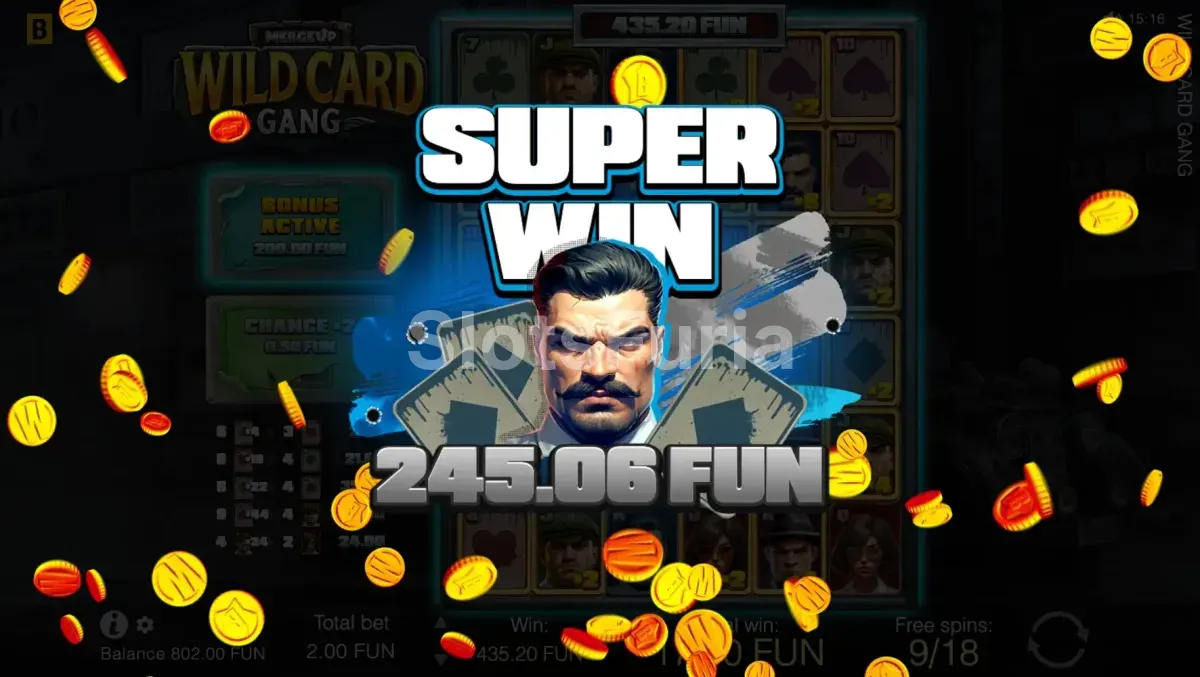 Pantalla de gran victoria en Wild Card Gang mostrando el potencial de ganancias