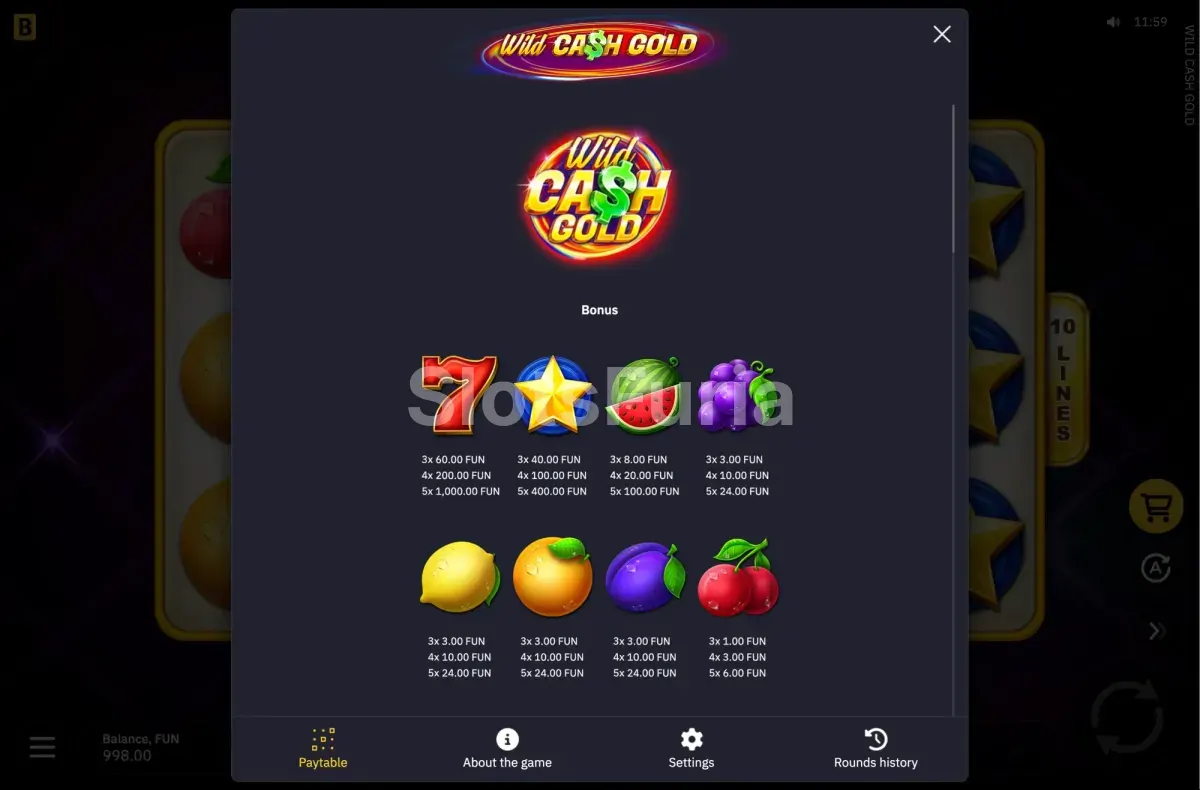 Tabla de pagos de Wild Cash Gold con frutas y sietes