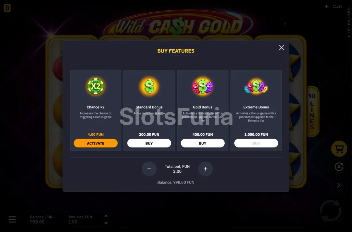 Menú de compra de bono de Wild Cash Gold con tres opciones