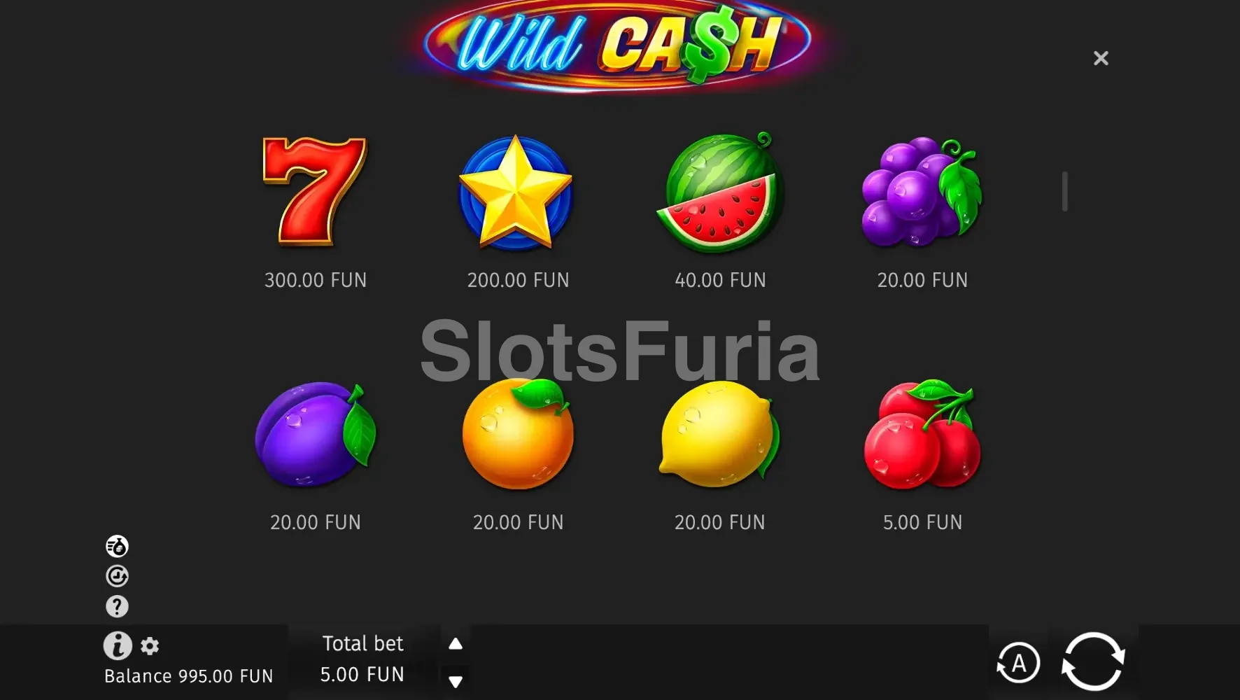 Tabla de pagos completa de la slot Wild Cash