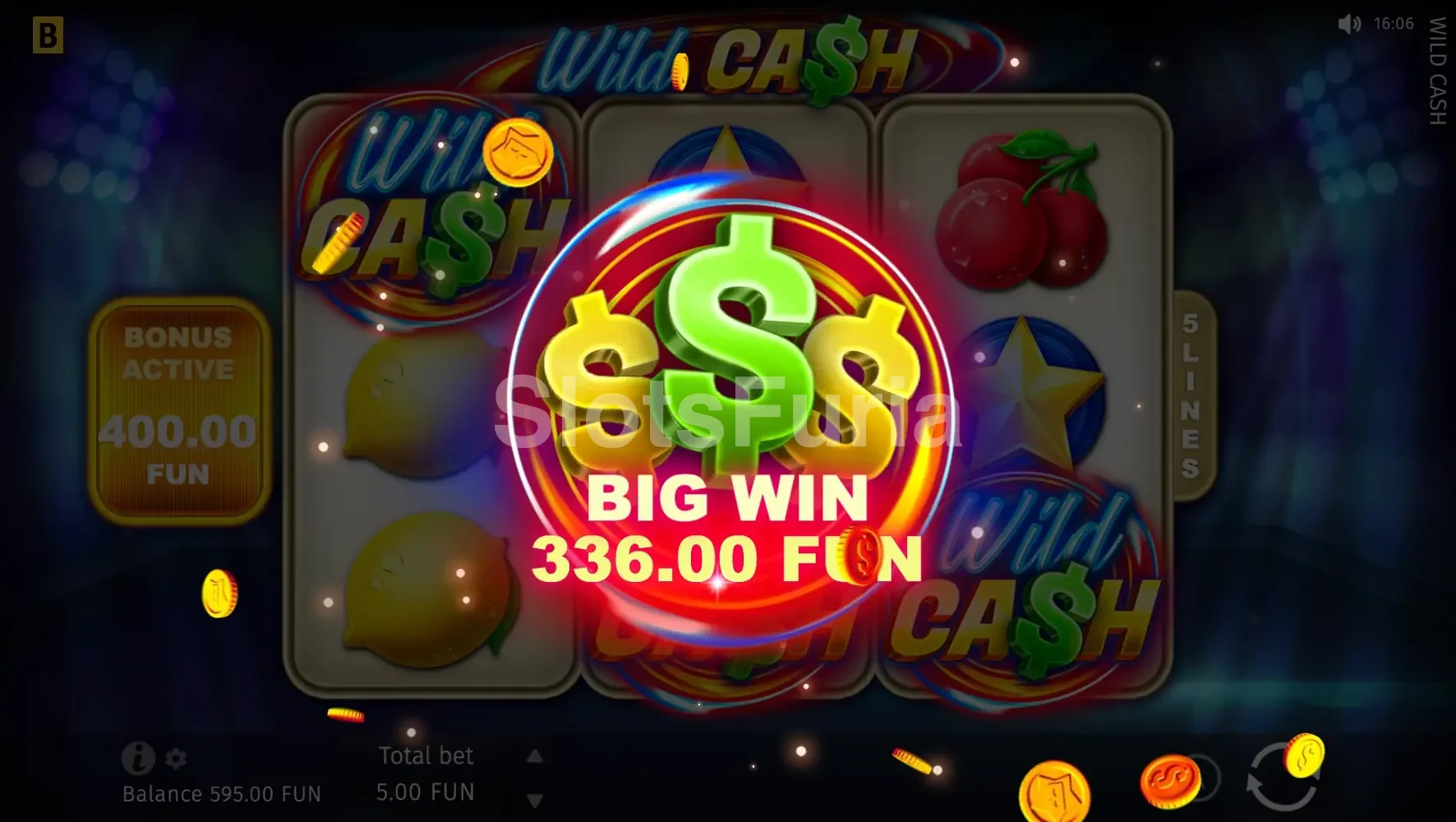 Pantalla de gran victoria conseguida en Wild Cash