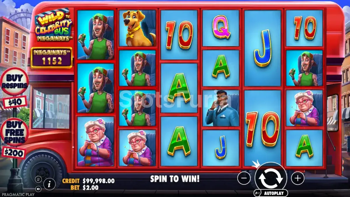 Pantalla principal del juego base de Wild Celebrity Bus Megaways