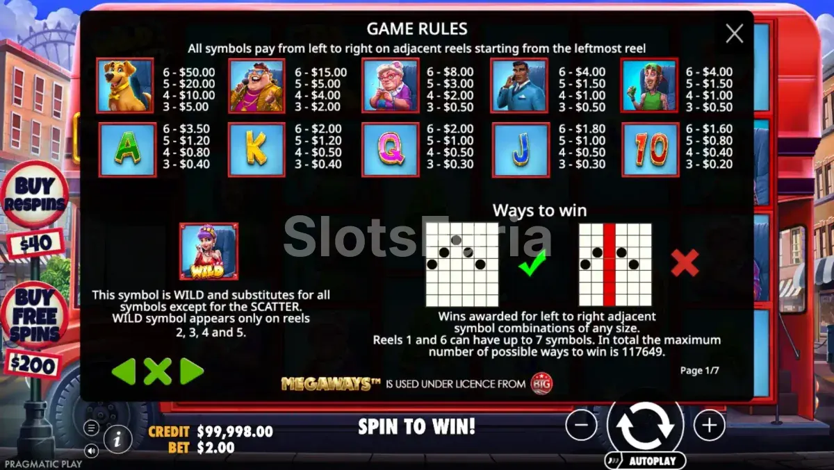 Tabla de pagos y símbolos de Wild Celebrity Bus Megaways