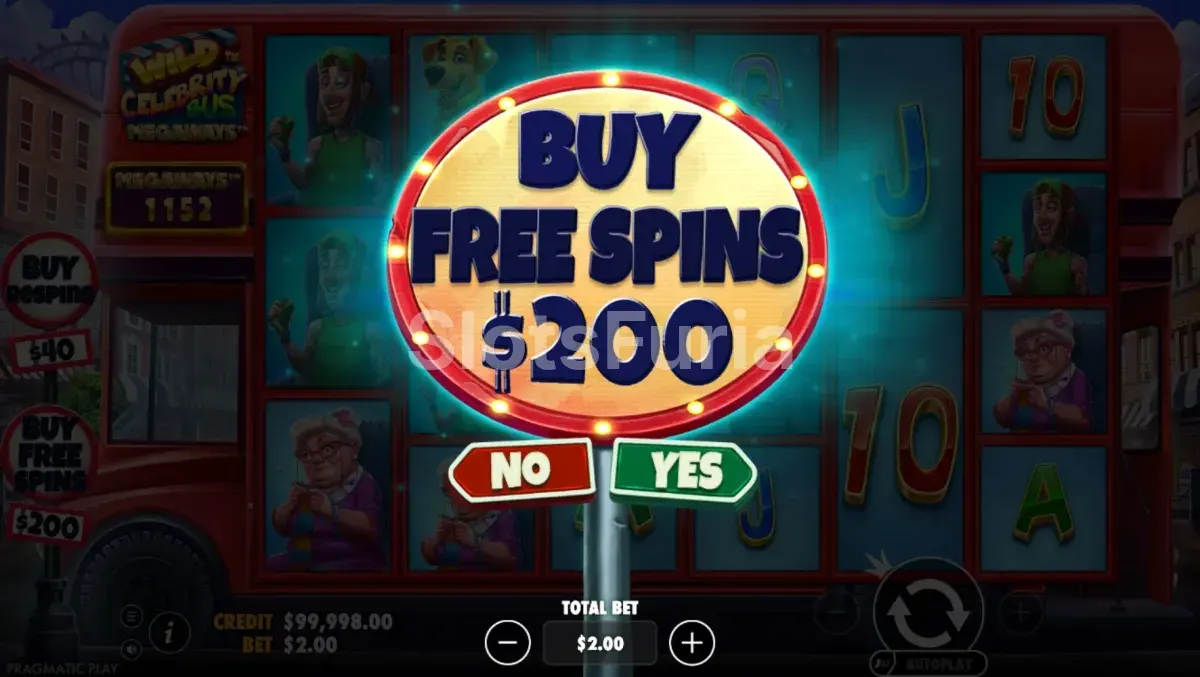 Pantalla de compra de bonus en Wild Celebrity Bus Megaways