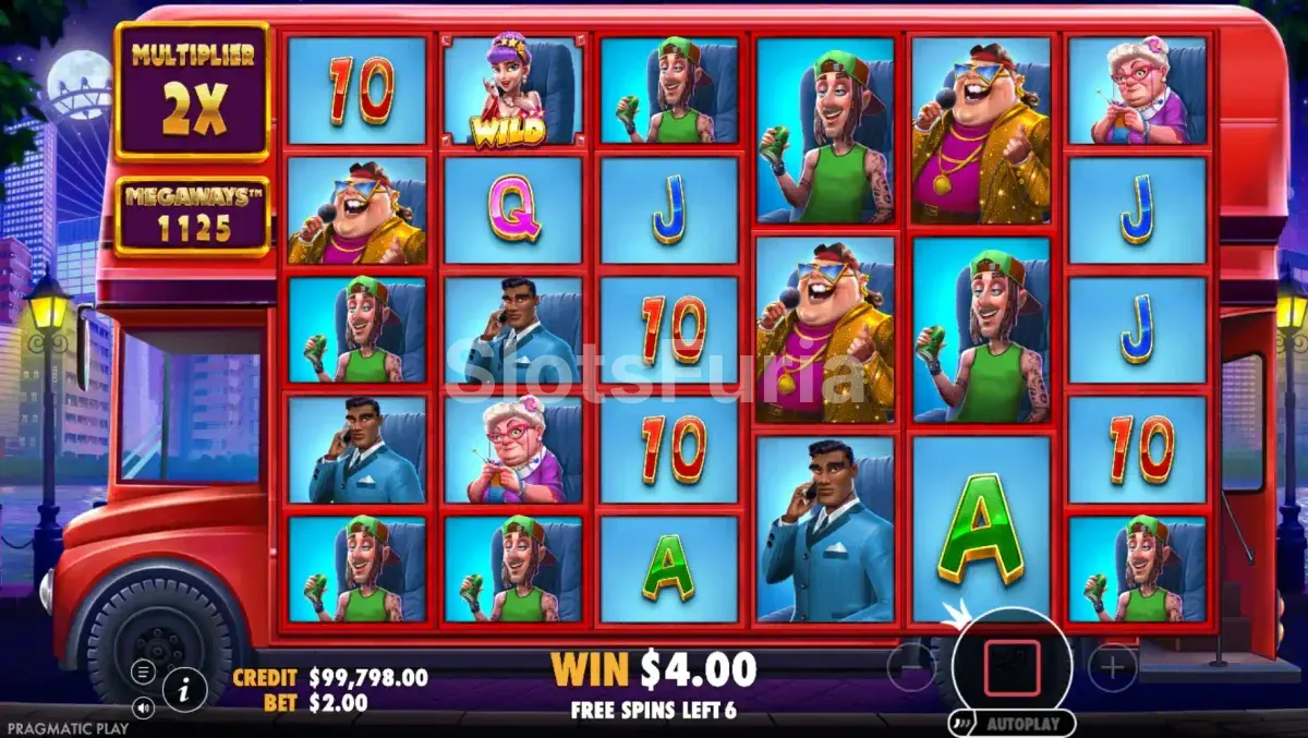 Ronda de giros gratis con multiplicador en Wild Celebrity Bus Megaways