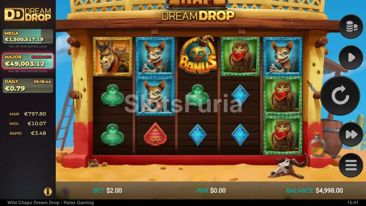 Pantalla principal de Wild Chapo Dream Drop con los rodillos en acción
