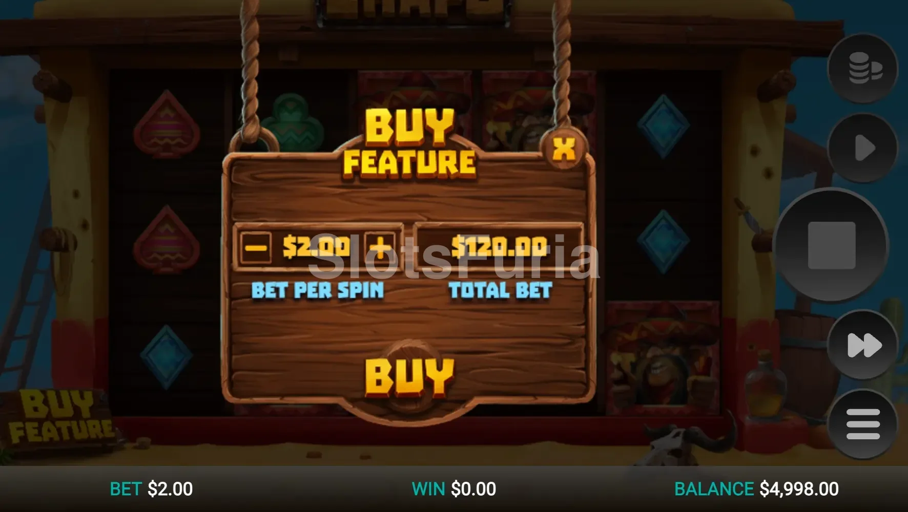 Pantalla de compra de bonus en Wild Chapo con el precio y las opciones disponibles