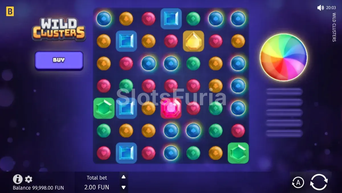 Pantalla principal del juego base de Wild Clusters con la cuadrícula 7x7