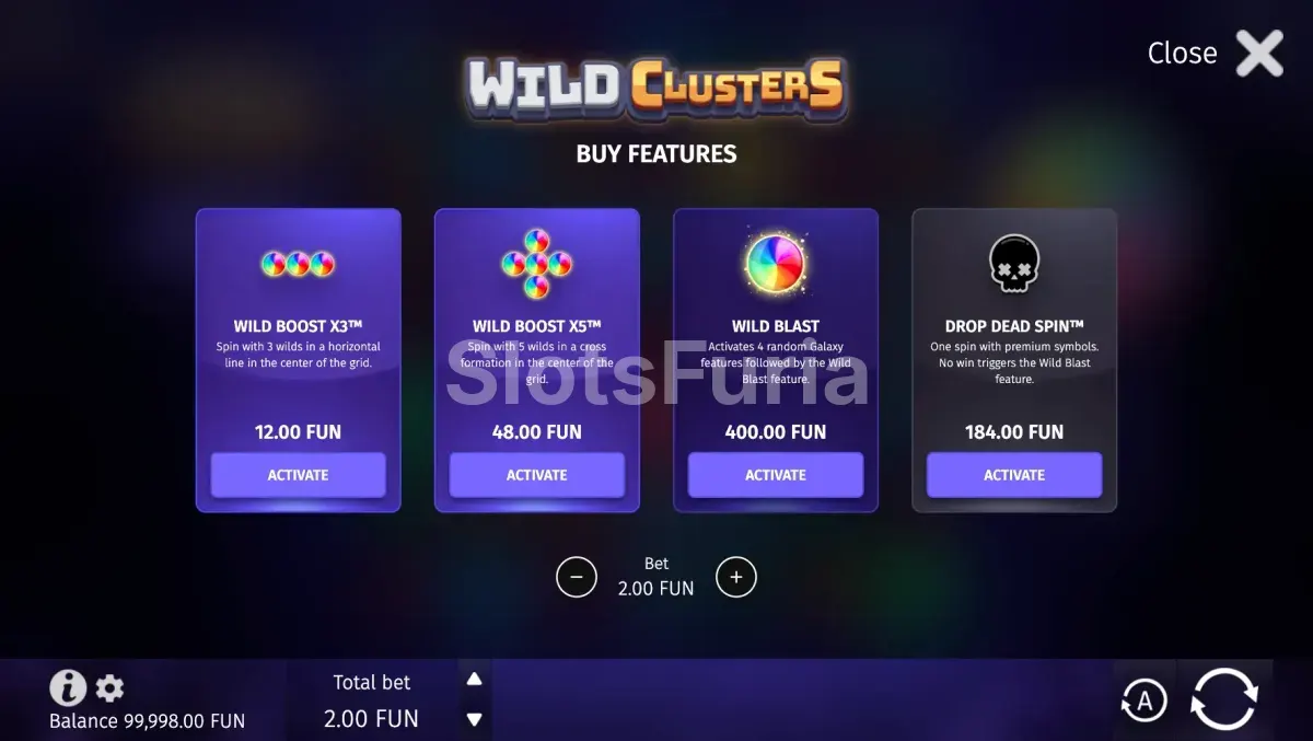 Pantalla de compra de bonos en Wild Clusters de BGaming