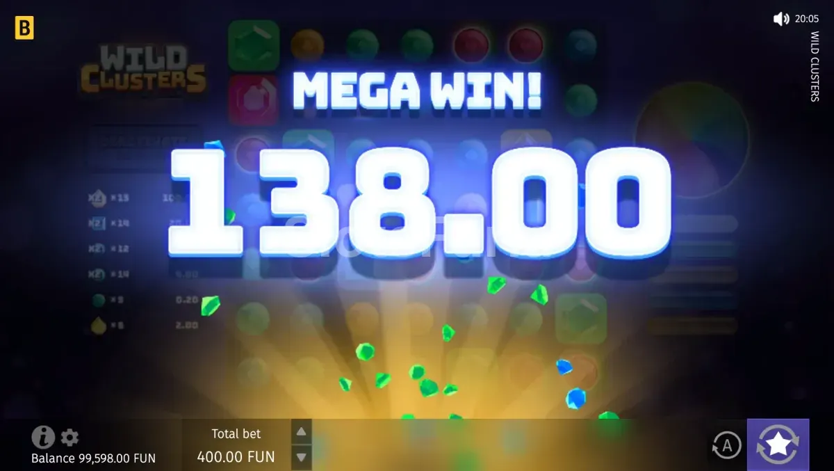 Pantalla de gran victoria en Wild Clusters con multiplicador máximo activado