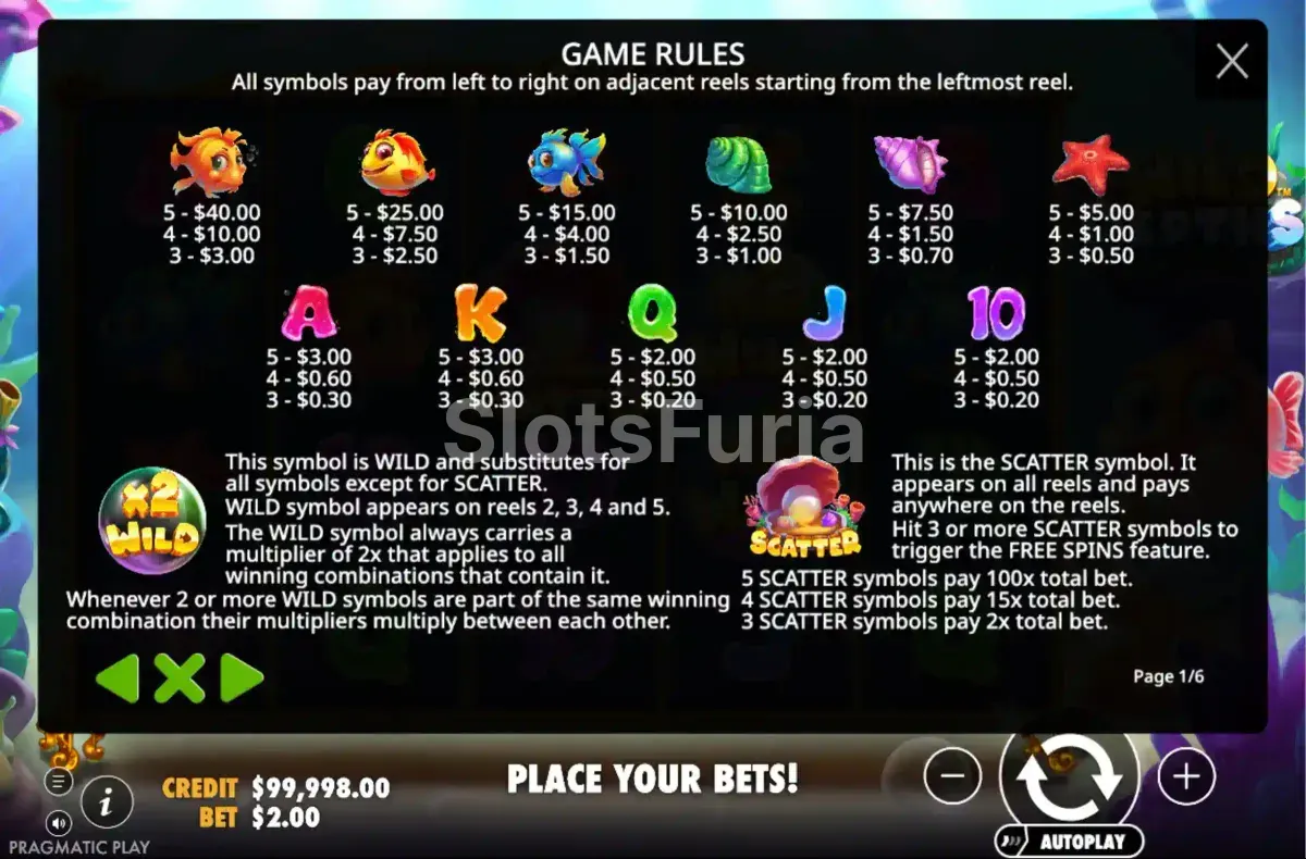 Tabla de pagos de Wild Depths con todos los símbolos