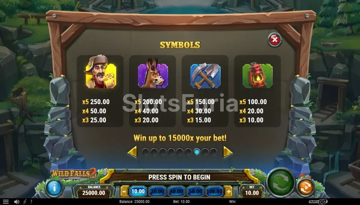 Tabla de pagos de Wild Falls 2 con símbolos y multiplicadores