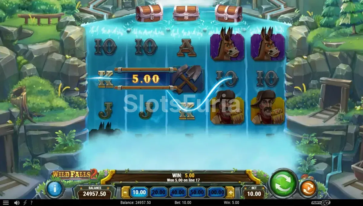 Resultado de giro con Cofres de Oro activados en Wild Falls 2