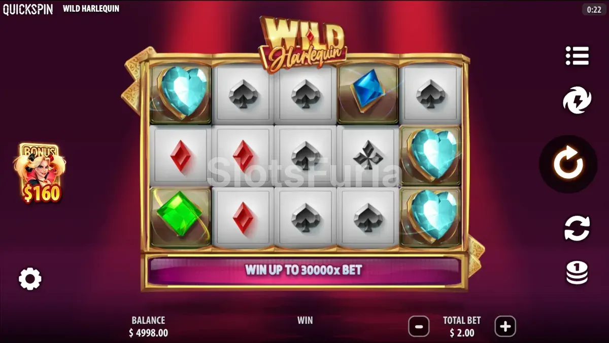 Pantalla principal del juego Wild Harlequin con sus cinco rodillos