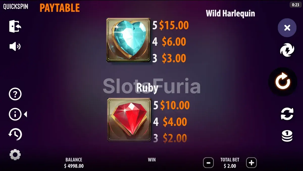 Tabla de pagos de Wild Harlequin con todos los símbolos y valores