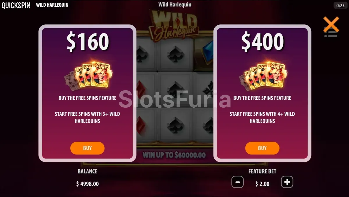 Función de compra de bonos en Wild Harlequin para acceso directo a giros gratis