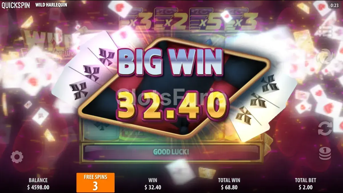 Gran victoria en Wild Harlequin mostrando una combinación explosiva de ganancias